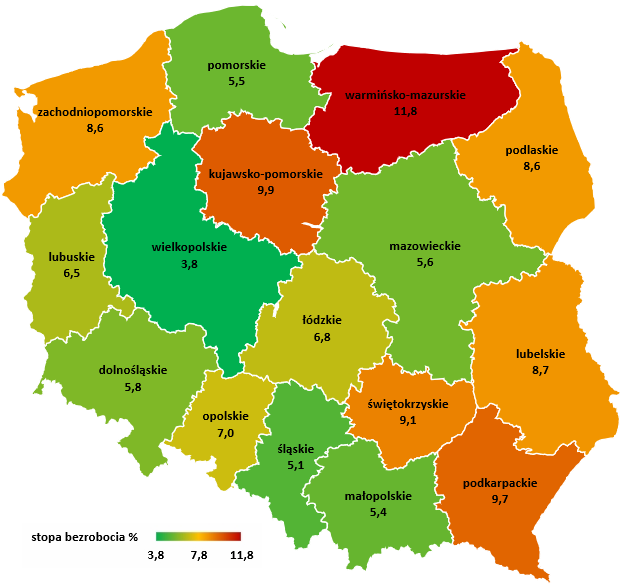 Stopa bezrobocia w województwach na koniec I kwartału 2018