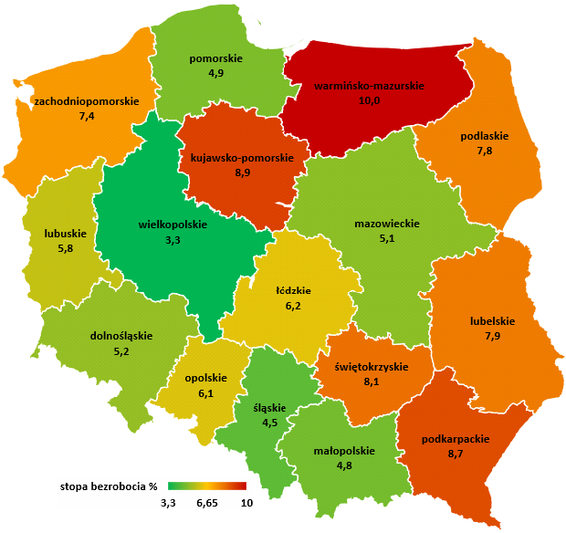 Stopa bezrobocia w województwach na koniec II kwartału 2018